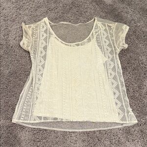 American Eagle Women’s Cream Lace Overlay Short Sleeve Top